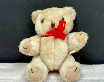 Ours en peluche vintage articulé - Peluche de 5 pouces avec fourrure beige et noeud rouge - Peluche de collection