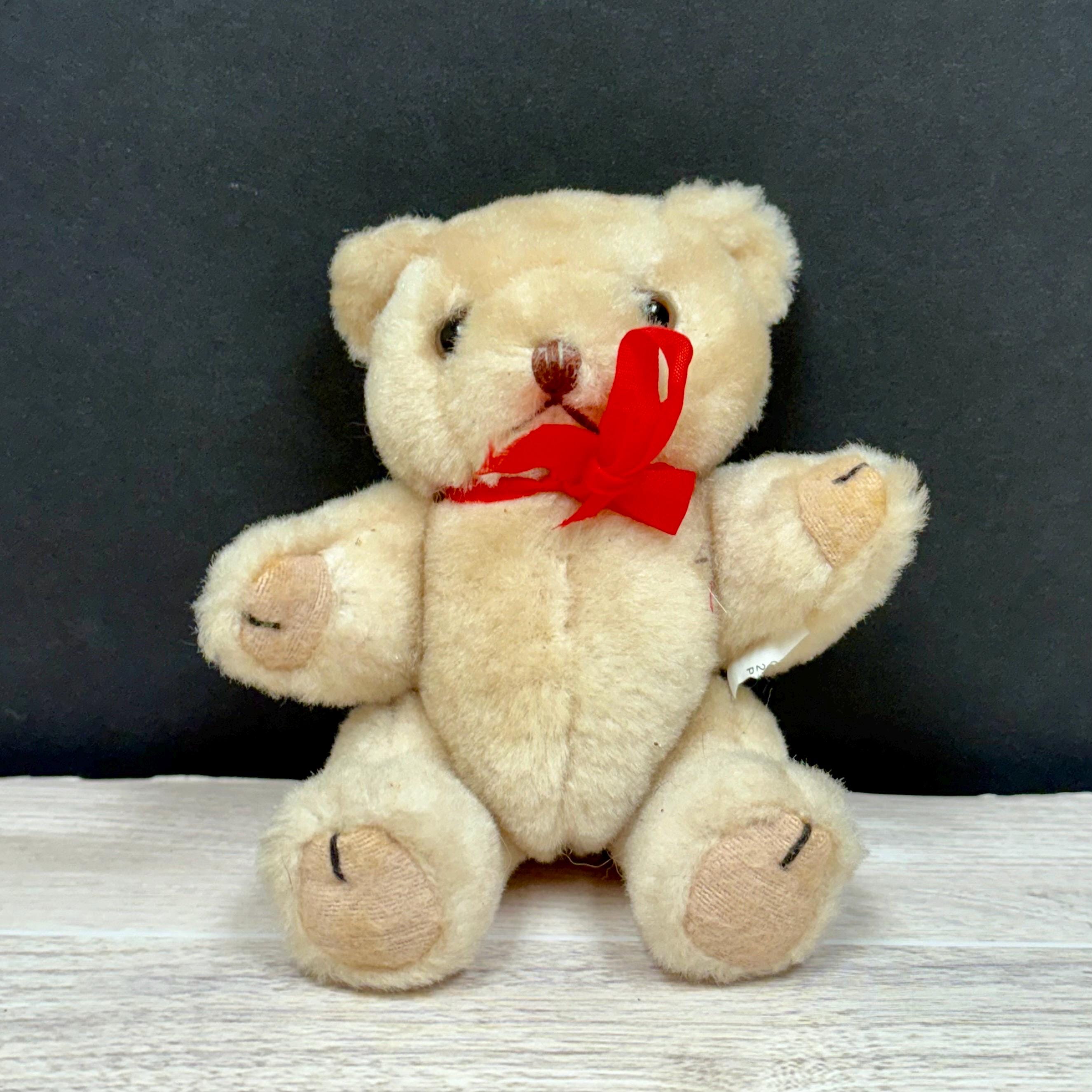 Vintage Teddy Bear, Jointed – 5” Stuffed Animal With Tan Fur & Red