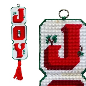 Vintage Christmas Needlepoint JOY Wall Hanging by Herrschners | 25&quot; Retro Door or Wall Decor | Holiday Gift 25&quot;