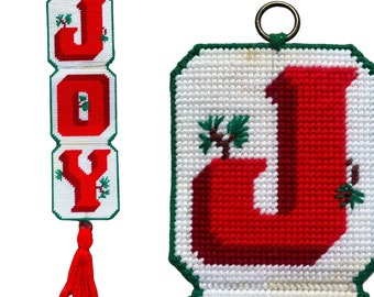 Vintage JOY Wall Hanging Needlepoint Christmas Decor by Herrschners 25 in, retro Christmas wall decor vintage Christmas door decor JOY red.
