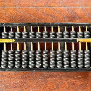 Vintage Chinese Abacus 13 Digit Rods Suanpan Counting Tray in Black with Brass Flowers China Calculator Learning Math decor collectible gift