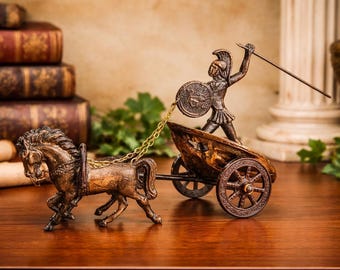 Vintage Bronze Roman Warrior Chariot Figurine | Two Horse Chariot Sculpture