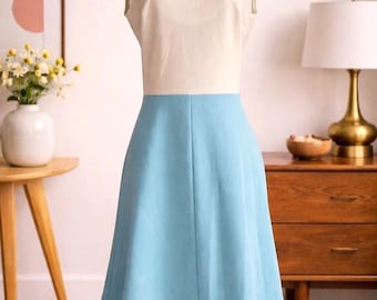 Vintage 1960s MidMod Dress – MOD Sleeveless White & Blue Colorblock, Size M