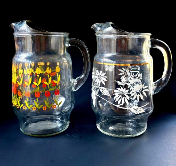 Vintage Glass Pitchers 1950s Floral  – Ice Lip Scroll Design – XL 10" Midcentury Iced Tea or Lemonade Jug – Sold Individually