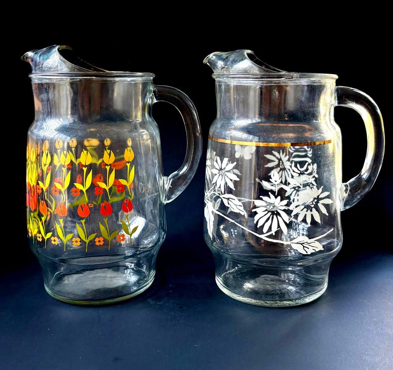 Vintage Glass Pitchers 1950s Floral – Ice Lip Scroll Design – XL 10" Midcentury Iced Tea or Lemonade Jug – Sold Individually image 1