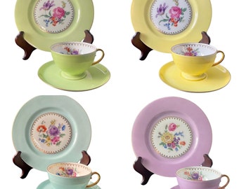 Vintage Footed Teacups with Saucer & Cake Plate by Pulls Germany in yellow green blue and purple collectible porcelain tea cups gold gift.