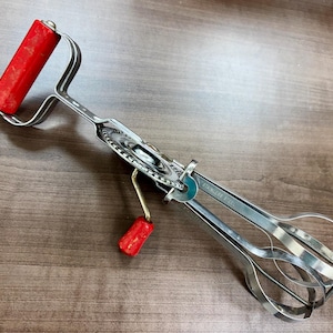 Vintage Egg Beater by Androck midcentury Hand Mixer with red handle kitchen utensil gadget 1950s kitchen decor gift.