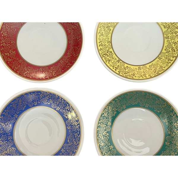 Vintage Saucers Set of 4 by Weimar from GDR in Harmonie pattern NO CUPS multicolor & gold midcentury East Germany porcelain saucer plates.