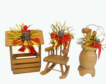 Vintage Wooden Ornaments Well Belly Stove & Rocking chair set of 3 Christmas decor rustic Wood stove well rocker country farmhouse decor.