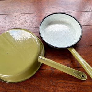 Vintage WESTEN BASSANO Enameled Frying Pans in Sage Green Set of 2 with Handle Blue Interior Made in Italy RARE 1960s Kitchen Pan Decor gift