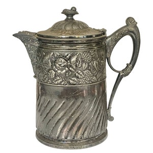Antique Meriden Silver-Plated Insulated Pitcher – Quadruple Plate 1868 Ceramic Lined Victorian Carafe with Floral Details