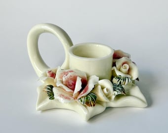 Vintage Ceramic Rose Candle Holder – Capodimonte Style – Loop Handle Candlestick