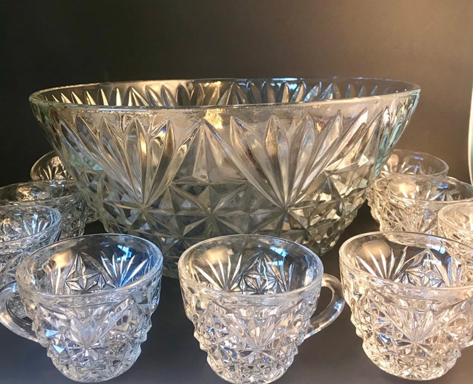 Large Vintage Cut Glass Punch Bowl & 9 Cups Set Anchor Etsy