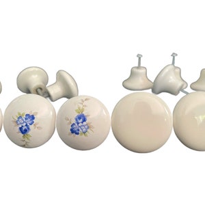 Vintage Ceramic Drawer Knobs – Blue Floral & Off-White Porcelain Cabinet Pulls – Midcentury Jewelry Box Handle – Sold Individually