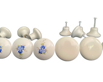 Vintage Ceramic Drawer Knobs – Blue Floral & Off-White Porcelain Cabinet Pulls – Midcentury Jewelry Box Handle – Sold Individually