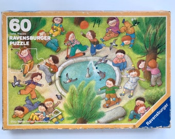 Vintage Ravensburger Puzzle IN The PARK designed by Claude Dessons 1988 incomplete 60 pieces originally 4 MISSING pieces.