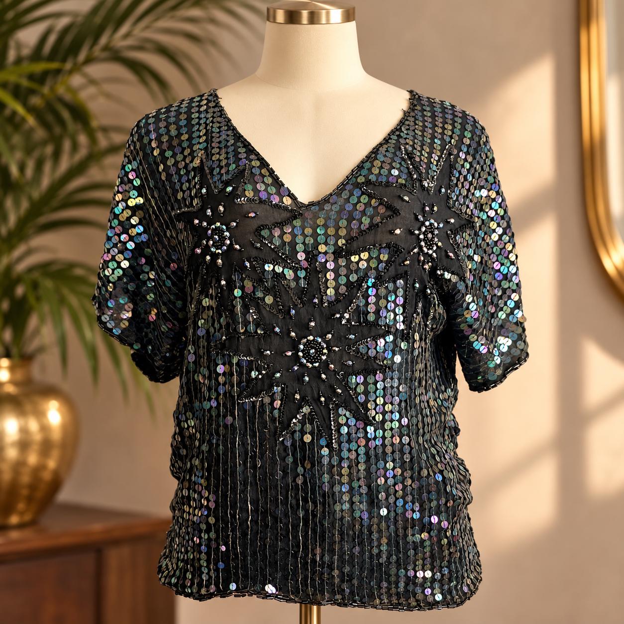 Vintage Silk Sequin Blouse in Black by Sarafino - Made in India - Size L - 1970s Party Top - Hand Beaded Evening Blouse - READ DESCRIPTION
