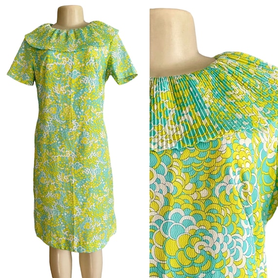 Vintage 60s dress With Ruffle Collar in yellow & … - image 1