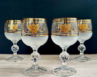 ヴィンテージ　リモージュワイングラス　金粒　紫色の高脚グラス 金色装飾　希少品 ゴールド装飾の紫ガラス製ワイングラス5個セット 1970年代ヴィンテージ