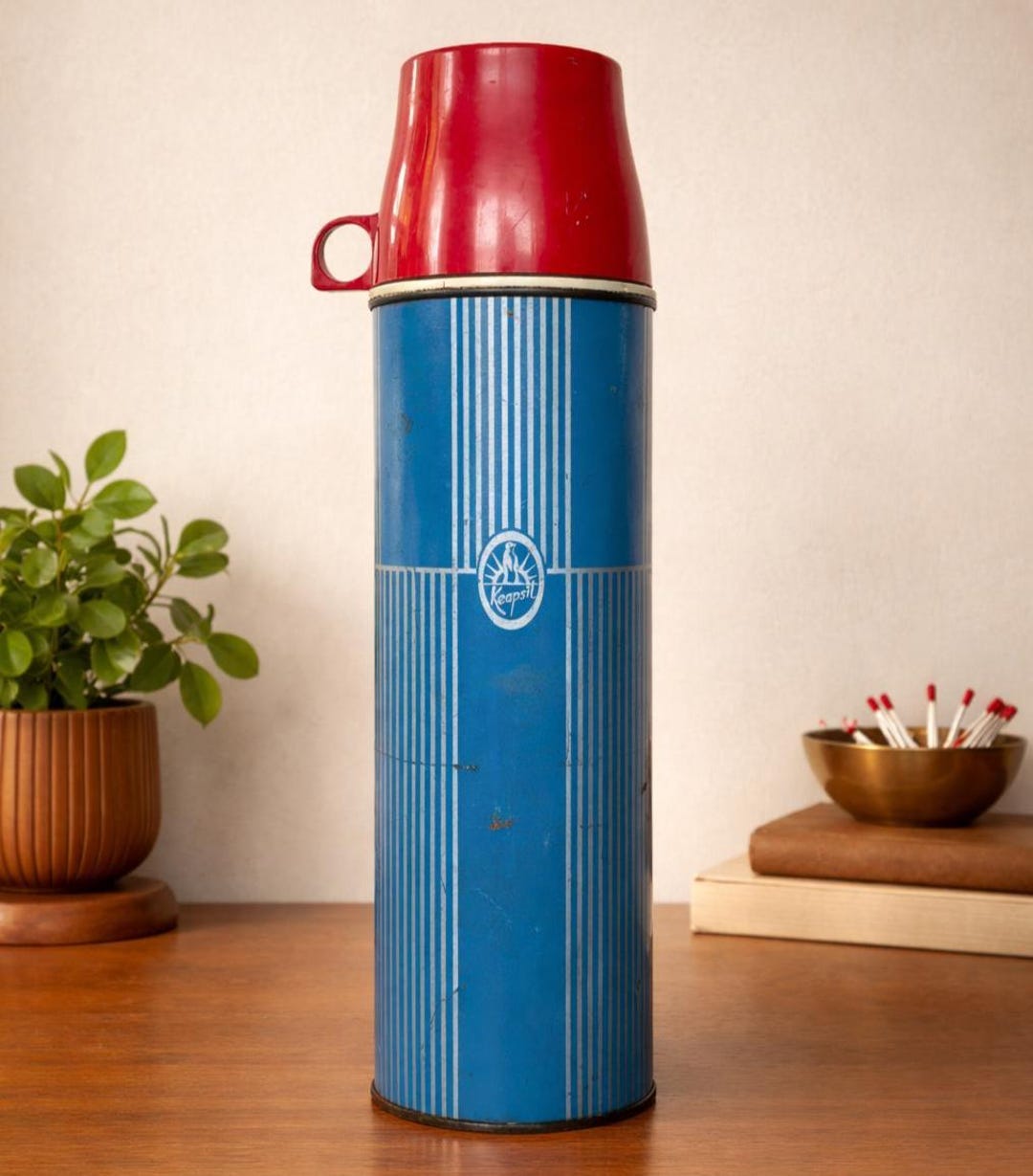 Vintage Keapsil Quart Thermos – Blue Red Midcentury Travel Flask