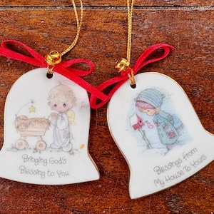 Vintage Precious Moments Bell-Shaped Porcelain Ornaments - Blessings From My House & Bringing God&#39;s Blessing to You - Pastel Christmas Decor