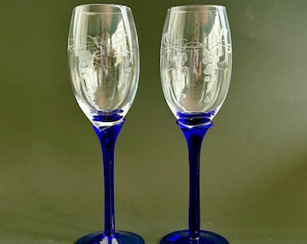 Vintage Hand Blown Champagne Flutes – Cobalt Blue Stem, Grapevine Etching – Set of 2