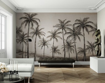 PALM TREE SKETCH - 14 ft wide x 8 ft tall Premium Canvas Wall Mural Print - Removeable Peel & Stick.