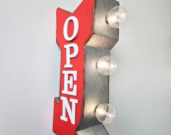 On Sale! OPEN Metal Light Up Mini Arrow Sign - BATTERY OPERATED - Double Sided - Rustic Vintage Style