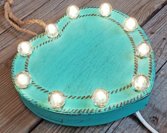 On Sale! HEART - Light Up Plugin TEAL Vintage Style Rustic Metal Marquee Sign - 2 Spare Bulbs Included