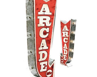 On Sale! ARCADE Metal Sign - BATTERY OPERATED - Retro Game Room Pinball - Double Sided Rustic Vintage Style Marquee Light Up
