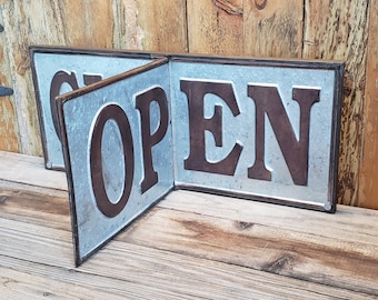 On Sale! OPEN / CLOSED Storefront Sign - Rustic Vintage Antique Style - Metal Signage