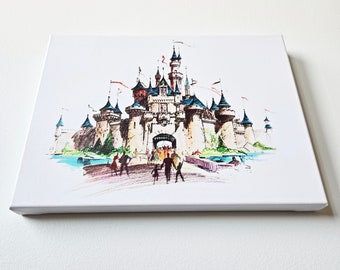 Sleeping Beauty Castle - Vintage Colorful Disneyland Vintage 1955 Sketch - Premium Mounted Canvas Artwork - 12" x 16"