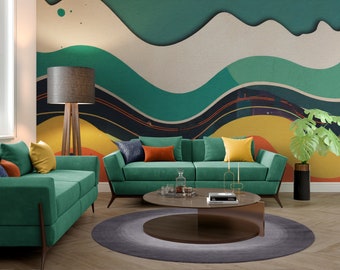 MID CENTURY WAVES - 16 ft wide x 8 ft tall Premium Canvas Wall Mural Print - Removeable Peel & Stick.