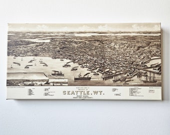 The City of Seattle - Puget Sound - Vintage 1884 Map - Premium Mounted Canvas Artwork - 10" x 20"