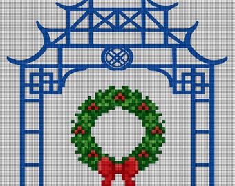 Chinoiserie Pagoda Needlepoint Canvas | Holiday Wreath Design | 4 x 5 Inch | 14 Count Mesh | Blue and White Christmas