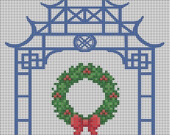 Chinoiserie Pagoda Needlepoint Canvas | Holiday Wreath Design | 4 x 5 Inch | 14 Count Mesh | Blue and White Christmas