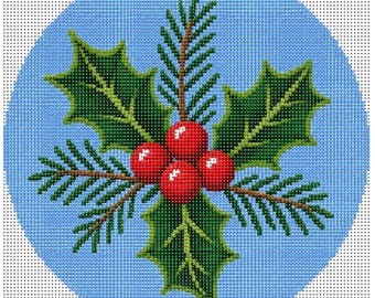 Holly Ornament Needlepoint Canvas – 4" Round on 14 Count Mesh