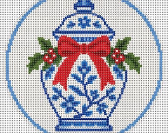 Chinoiserie Ginger Jar Needlepoint Canvas   Blue and White Christmas Canvas