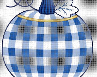 Blue Gingham Pumpkin Needlepoint Canvas, 4x4 Round, 14 Mesh, Fall Needlepoint Design, Preppy Coastal Pumpkin, Stitch Painted Canvas