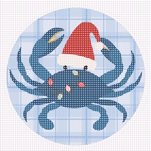 May include: A blue crab wearing a red and white Santa hat and a string of Christmas lights. The crab is set against a light blue plaid background, creating a festive holiday design.