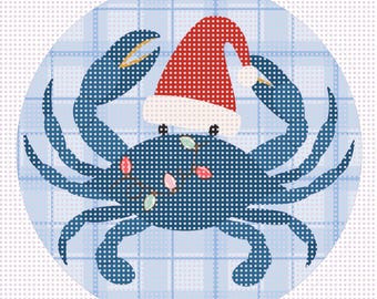 Santa Claws Blue Crab Needlepoint Canvas – 4x4” Round on 14-Count Mes