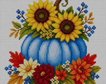 Blue Pumpkin Needlepoint Canvas | 5x5 Inch | 14 Count Mesh | Digitally Painted Canvas | Fall Sunflowers | Advanced Needlepoint
