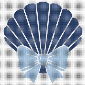 May include: A navy blue seashell design with a light blue bow. The seashell has a fan-like pattern with white lines. The bow is centered below the shell, creating a nautical or coastal theme.