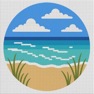 May include: A round, colorful needlepoint design depicting a beach scene. The image features a blue sky with white clouds, a turquoise ocean with white waves, a sandy beach, and green grass. The design is framed by a dotted border.