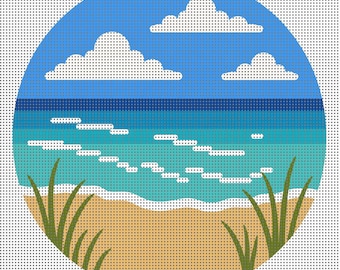 Beach Needlepoint Canvas, 4 Inch Round Coastal Ornament Canvas, Ocean Waves Needlepoint, 14 Mesh Canvas, Digitally Painted Stitch Detail