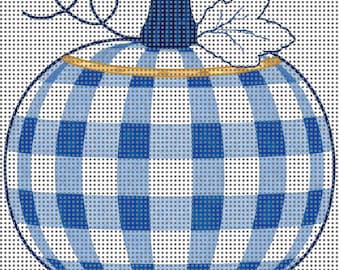 Blue Gingham Pumpkin Needlepoint Canvas, 4x4 Round, 14 Mesh, Fall Needlepoint Design, Preppy Coastal Pumpkin, Stitch Painted Canvas