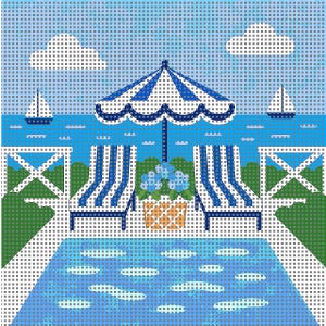 May include: A digital illustration of a poolside scene with a blue and white striped umbrella, two matching lounge chairs, and a pool. A basket of blue flowers sits between the chairs. Two sailboats and clouds are in the background.