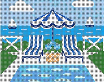 Coastal  Needlepoint Canvas | 4x4 Square | 14 or 16 Mesh | Blue & White Poolside Design | Digitally Painted, Stitch Painted Detail