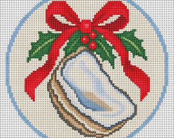Christmas Oyster Needlepoint Canvas – 4 Inch Round Beginner Friendly