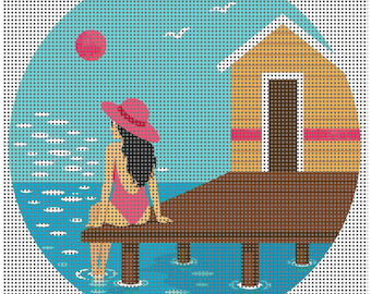 Coastal Woman Needlepoint Canvas – 4” Round on 14 Mesh | Beach Pier Scene | Pink Swimsuit & Hat | Digitally Painted, Stitch Painted Detail